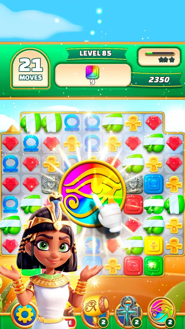 Tabuleiro com símbolos egípcios no jogo Gods & Gems: Egypt Match 3