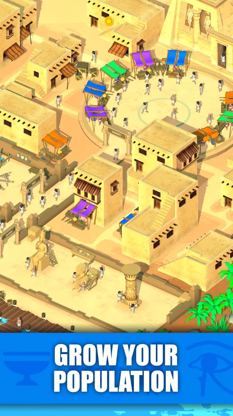 Vista da cidade em construção no jogo Idle Egypt Tycoon: Empire Game