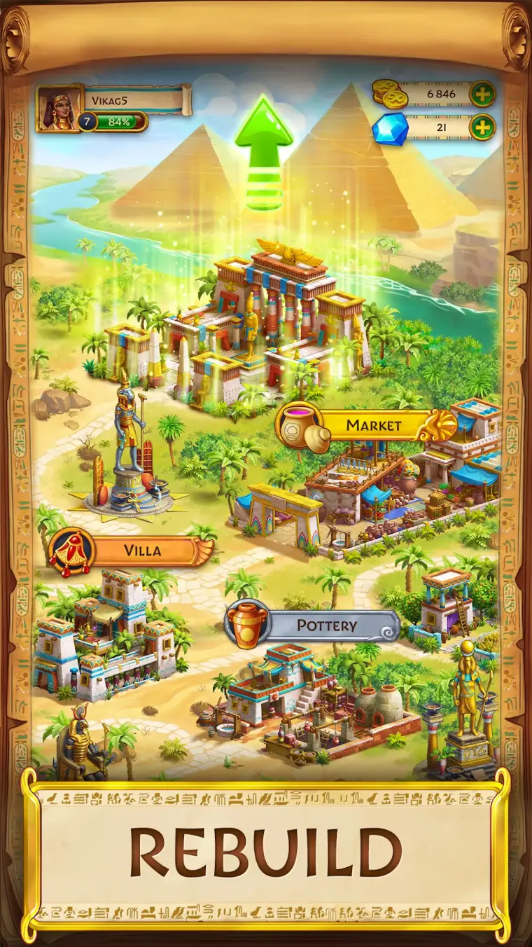 Ecrã de jogo de Jewels of Egypt・Match 3 Puzzle com o tabuleiro de peças coloridas